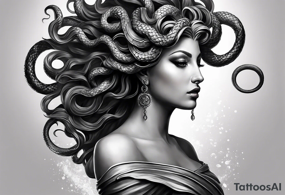 ### Medusa Tattoo Design Concept

**Style:** Realistic with a touch of fantasy.

**Elements:**
1. **Medusa’s Full Body:**
   - **Posture:** Medusa is depicted in a floating, ethereal stance, creating a sense of mystical presence and power.
   - **Eyes:** Her eyes are glowing white, giving her an otherworldly and intense gaze.
   - **Hair:** Green snakes are intricately designed, flowing around her head like a crown. The snakes vary in size and direction to add dynamic movement.
   - **Dress:** She wears a white, sheer dress that flows gracefully, semi-transparent to highlight her form beneath, adding to the ethereal effect.

2. **Additional Details:**
   - **Background:** A subtle, dark gradient or swirling mist to enhance the floating effect and draw focus to Medusa.
   - **Texture and Shading:** Detailed scales on the snakes and delicate folds in the dress, with high contrast shading to highlight the glowing eyes and the sheer nature of the dress.

### Visual Composition:

- **Top Section:** Medusa's head and upper body. The green snakes are prominent, with realistic scales and a vibrant green color. The glowing white eyes are the focal point, drawing immediate attention.
- **Middle Section:** The sheer white dress flows down her body. The dress should have a delicate, almost ghostly appearance, with subtle highlights and shadows to convey the texture and transparency.
- **Bottom Section:** Her lower body and legs, partially visible through the dress, fading into the background mist to enhance the floating illusion. tattoo idea