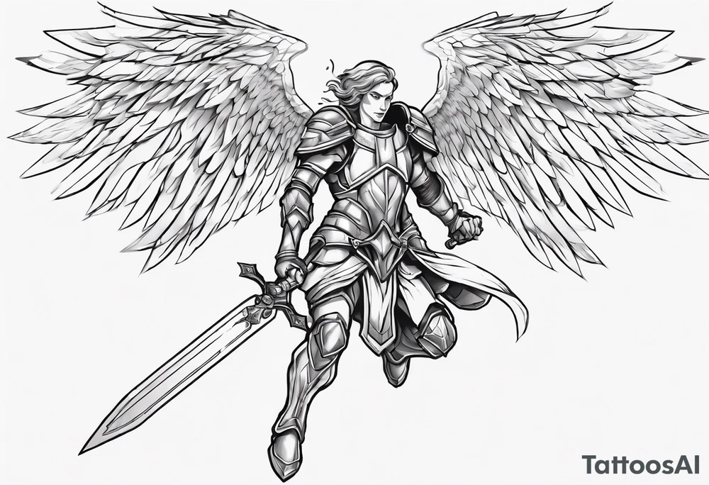 A winged angel wearing armor that is in mid-air with his two-handed sword about to attack in isometric view. tattoo idea