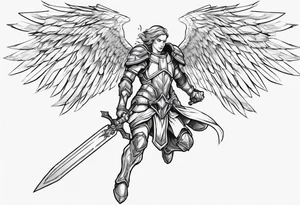 A winged angel wearing armor that is in mid-air with his two-handed sword about to attack in isometric view. tattoo idea