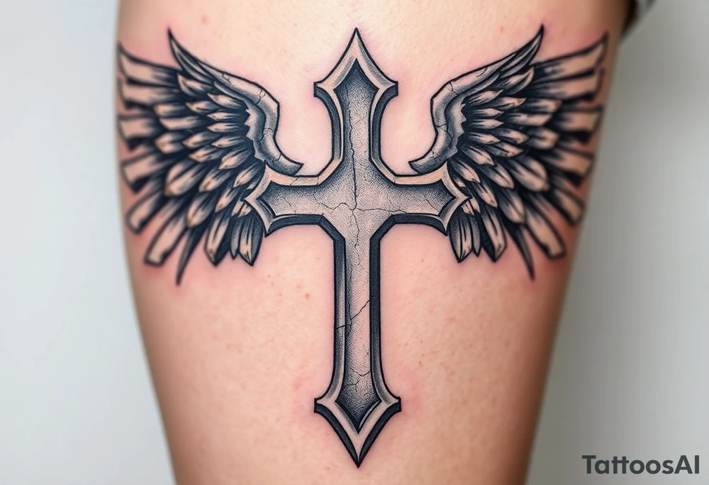 A metal cross with scratches and dents, with warrior-like armored wings in steel gray tattoo idea