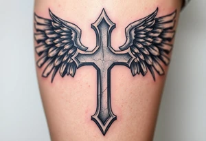 A metal cross with scratches and dents, with warrior-like armored wings in steel gray tattoo idea