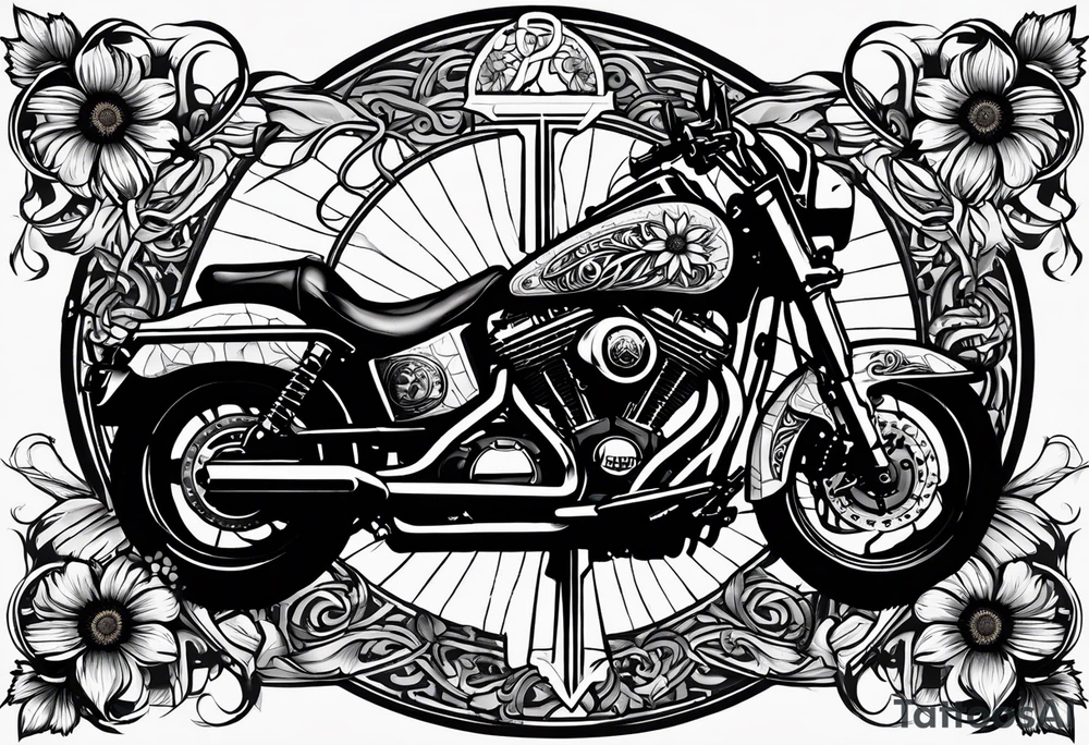 A central cross with the names Kyle Peter Lori on it with lighting a motorcycle and a sunflower around it tattoo idea