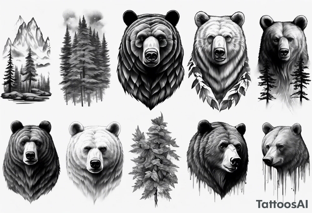 Realistic bear and forrest sleeve tattoo idea