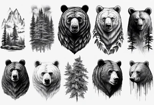 Realistic bear and forrest sleeve tattoo idea