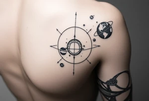 Lower arm sleeve, outer space, planets, geometric patterns, string theory tattoo idea