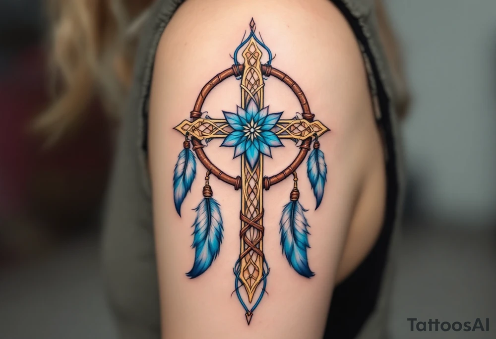 A Celtic cross fused with a dreamcatcher, decorated with brown leather straps and blue and white feathers. tattoo idea