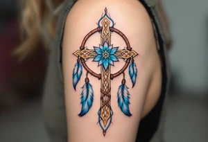 A Celtic cross fused with a dreamcatcher, decorated with brown leather straps and blue and white feathers. tattoo idea