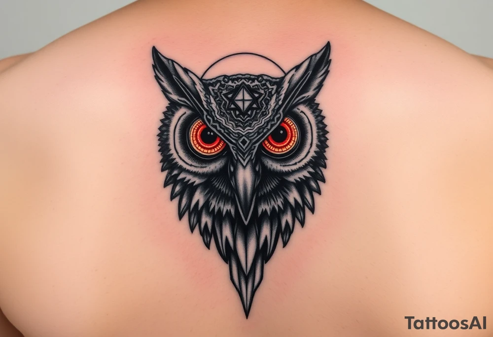 Owl head with large intense tripping on acid colored eyes with cyberpunk style  and geometry and glowing circle on the forhead without pupil tattoo idea