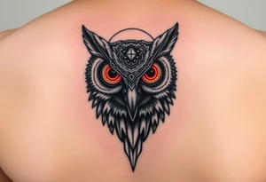 Owl head with large intense tripping on acid colored eyes with cyberpunk style  and geometry and glowing circle on the forhead without pupil tattoo idea