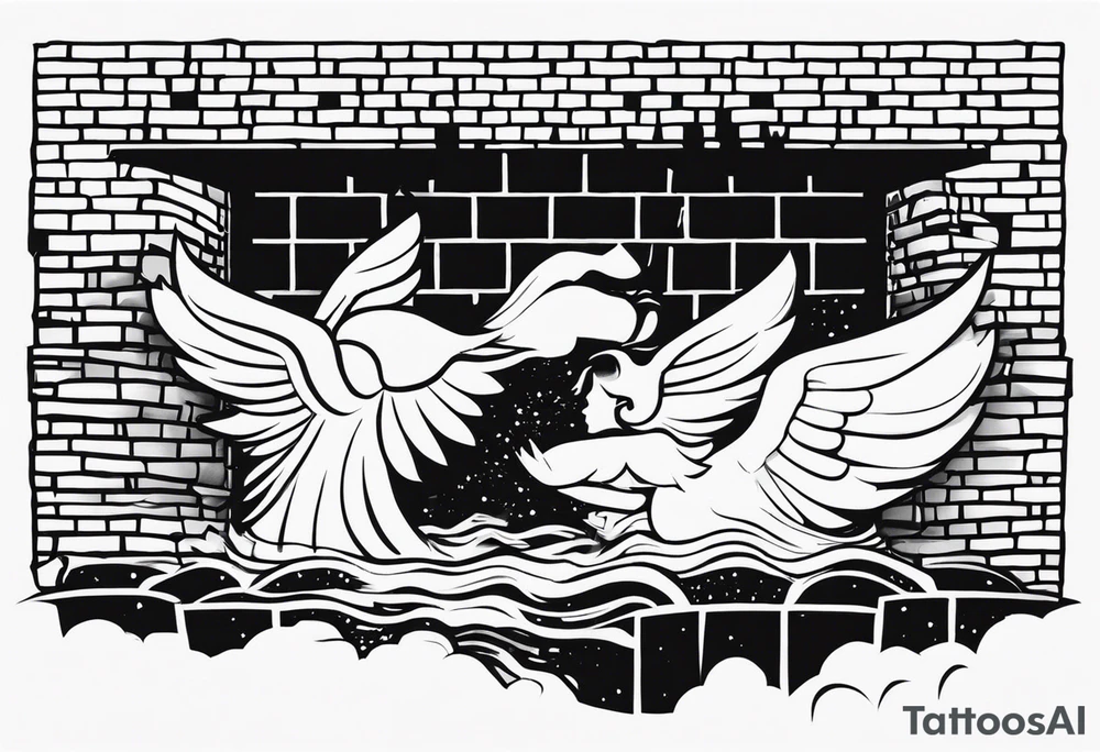 The words “Indian Brook” crashing out of a brick wall surrounded by angels tattoo idea