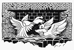 The words “Indian Brook” crashing out of a brick wall surrounded by angels tattoo idea