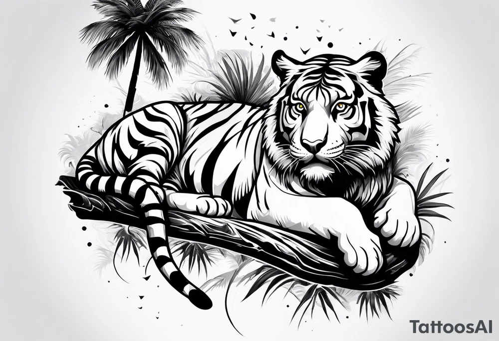 tiger laying on palm tree tattoo idea