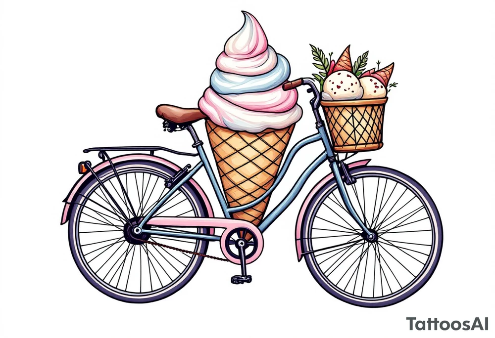 A bicycle with a giant ice cream cone in the front bicycle basket, with pastel pinks, blues, and creamy whites, representing indulgence and happiness. tattoo idea