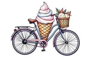 A bicycle with a giant ice cream cone in the front bicycle basket, with pastel pinks, blues, and creamy whites, representing indulgence and happiness. tattoo idea