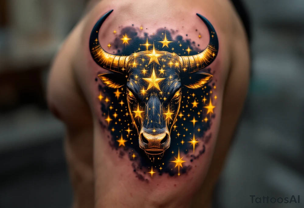 The bull made of Taurus stars charges silently, glowing with golden persistence through a navy sky. tattoo idea