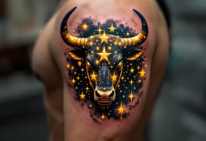 The bull made of Taurus stars charges silently, glowing with golden persistence through a navy sky. tattoo idea