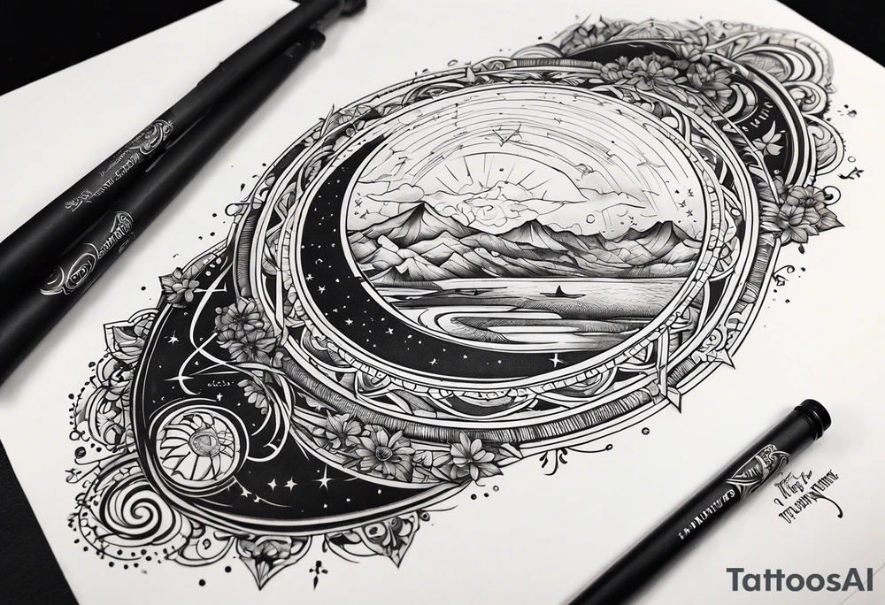 A tattoo featuring a meaningful quote about life's journey, such as "The journey of a thousand miles begins with a single step," accompanied by celestial elements to emphasize the cosmic nature of your path. tattoo idea