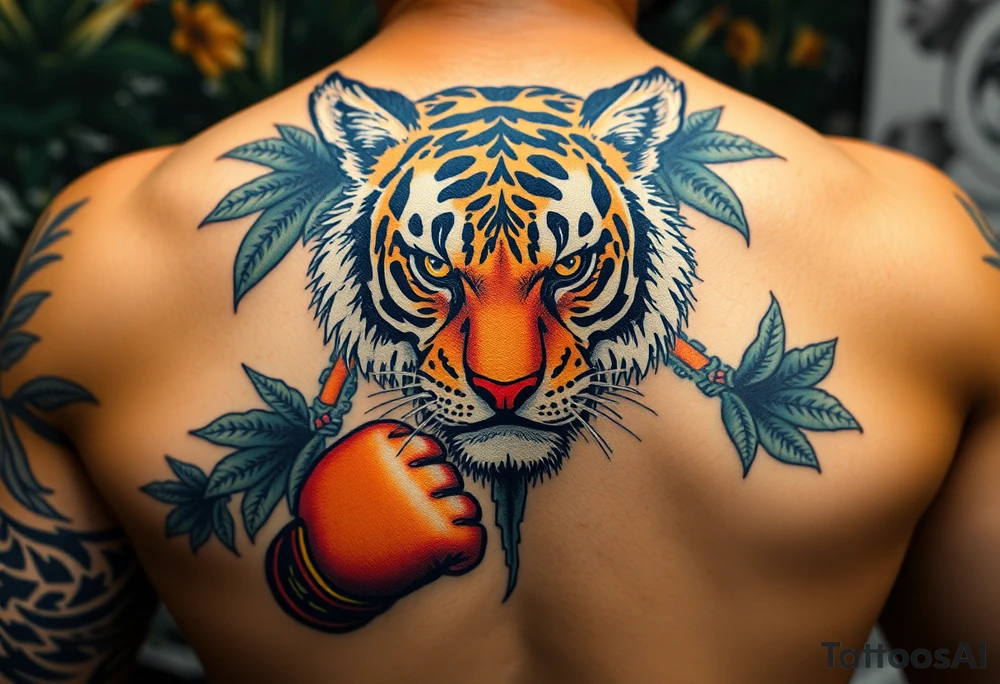 Bengal tiger wearing Muay Thai attire for a kickboxing match as a person would. The surrounding area is jungle tattoo idea