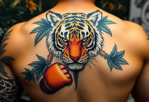 Bengal tiger wearing Muay Thai attire for a kickboxing match as a person would. The surrounding area is jungle tattoo idea