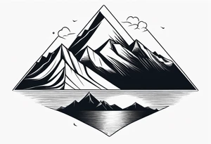 A minimalistic image of a mountain landscape enclosed in a triangle. Clear lines, two layers for depth. tattoo idea