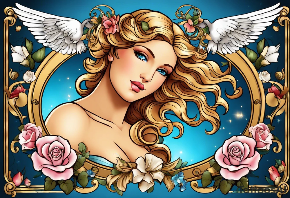 Portrait of Aphrodite: A face or full-length image of the goddess, often in a realistic style, perhaps decorated with flowers, seashells, or doves.rose, doves, shells and a mirror in his hand. background sea, blue roses frames,, romantic,background  boy with wings and a bow, cupido tattoo idea