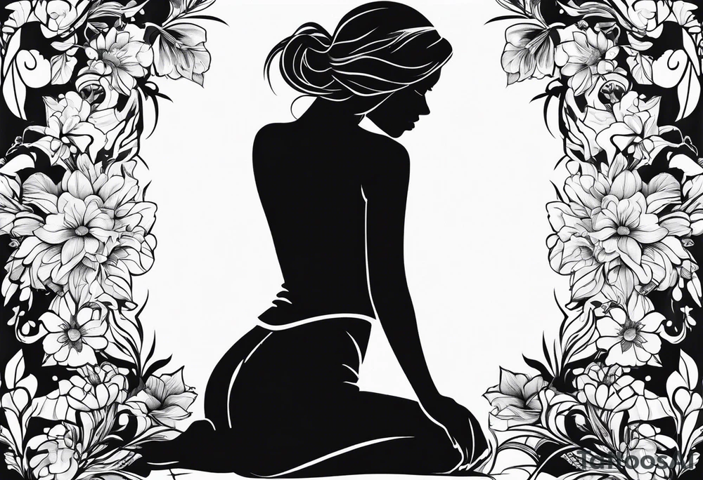 silhouette of a girl with a flower, kneeling tattoo idea