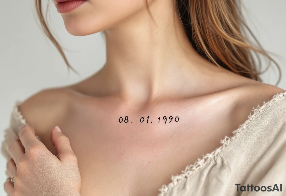 Handwritten-style 08.01.1990 on the collarbone in soft gray with a pale pink underline. tattoo idea