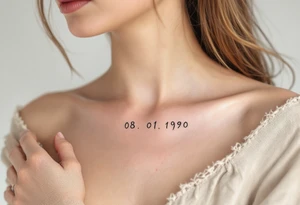 Handwritten-style 08.01.1990 on the collarbone in soft gray with a pale pink underline. tattoo idea