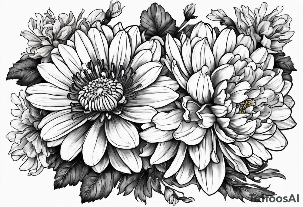 marigold, chrysanthemum, and 
narcissus side by side tattoo idea