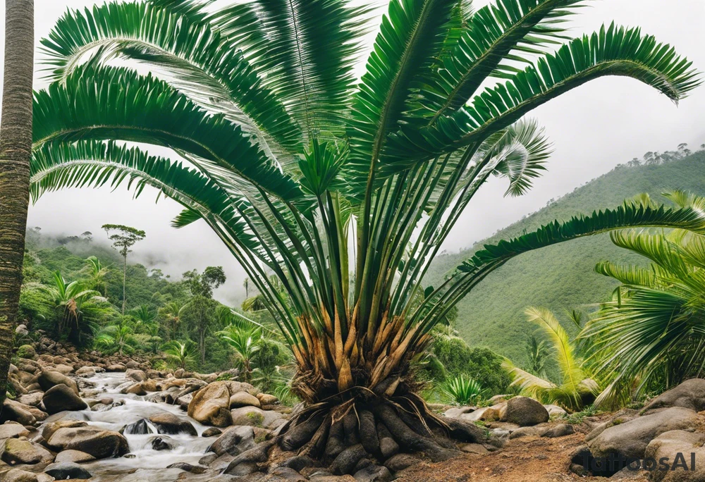 Tattoo: A striking Gachala emerald sits at the base of a tall quindio wax palm, which grows resiliently from cracks in rugged, rocky soil. The emerald is the main focal point, symbolizing strength and endurance, while the wax palm, rooted in the soil’s crevices, represents growth and resilience. A small water stream flows gently from the rocks, adding an element of life and nourishment. Style: Micro-Realism. tattoo idea