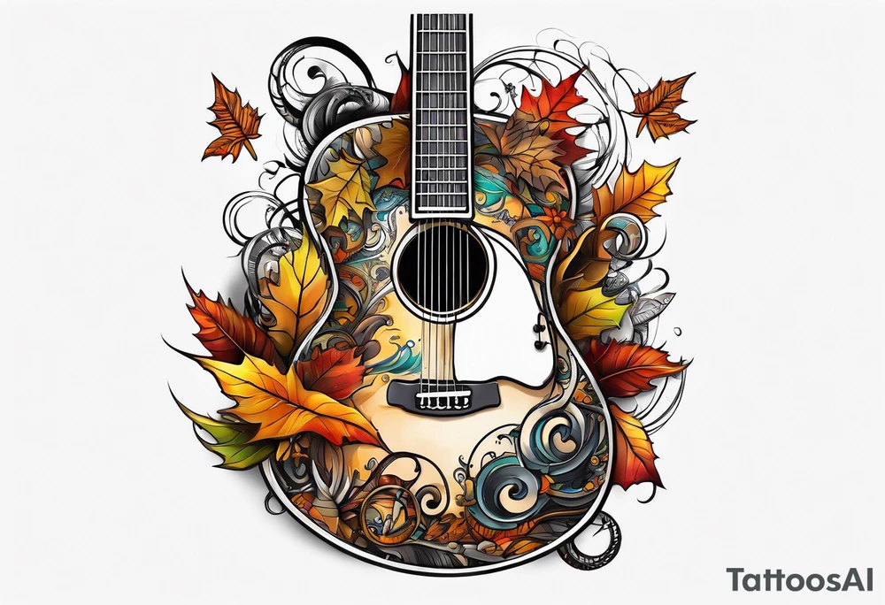 thigh tattoo with fall colors music symbols and a guitar tattoo idea