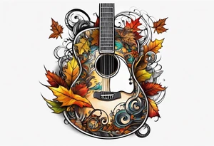 thigh tattoo with fall colors music symbols and a guitar tattoo idea