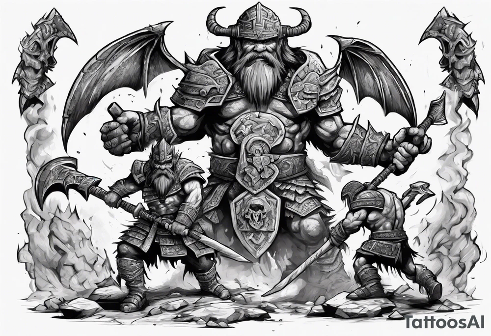 dwarven warrior with a war axe and Aztec warrior fighting side by side against a dragon in the pit of hell tattoo idea