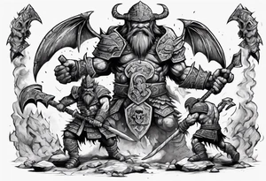 dwarven warrior with a war axe and Aztec warrior fighting side by side against a dragon in the pit of hell tattoo idea