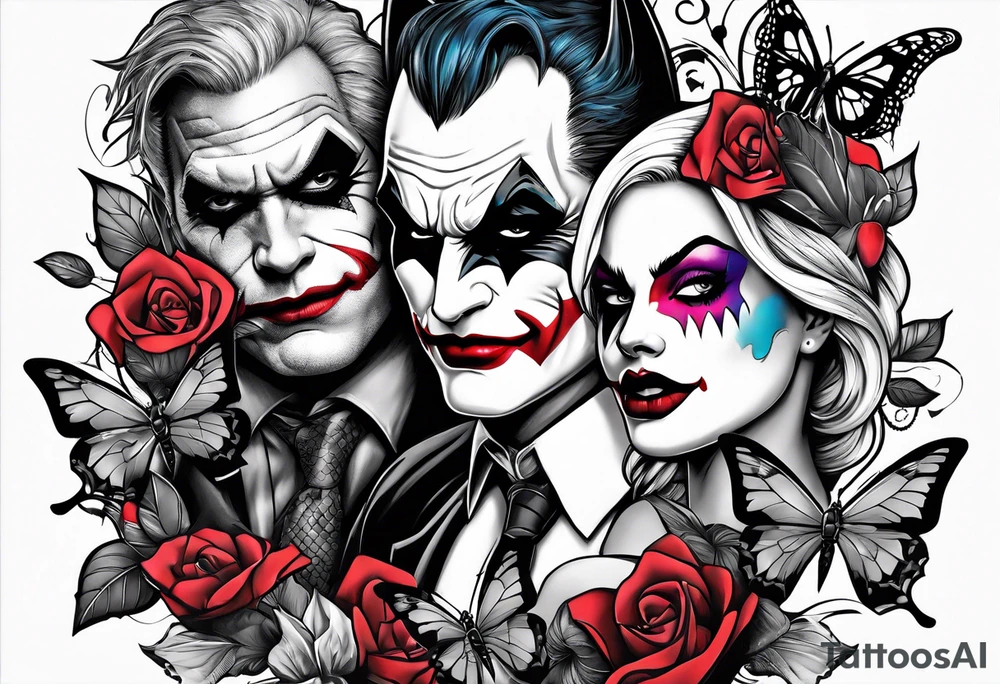 Small Batman and joker with Harley Quinn tattoo with butterflies and lots of color tattoo idea