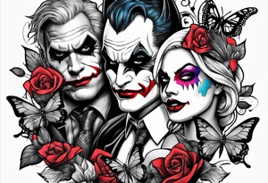 Small Batman and joker with Harley Quinn tattoo with butterflies and lots of color tattoo idea