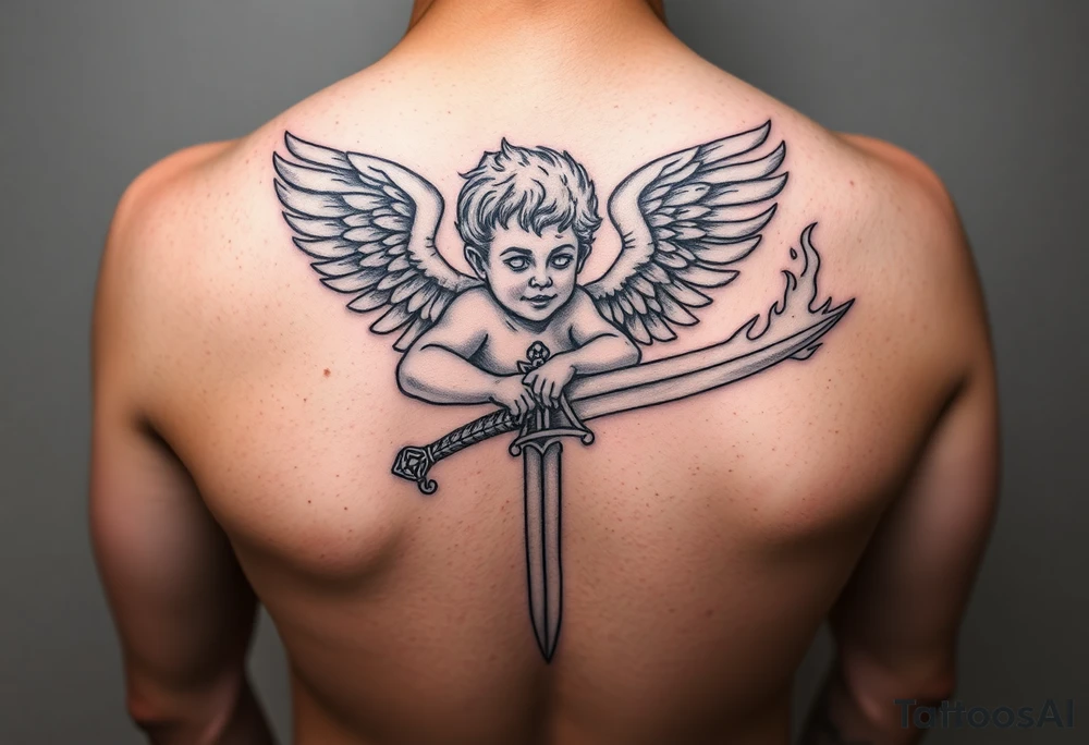 Cherub with flaming sword hand tattoo tattoo idea