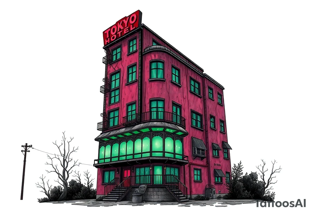 Tim Burton’s Tokyo sex hotel from outside viewis abandoned and dripping with muted reds, dusty pinks, and eerie green glow. tattoo idea tattoo idea