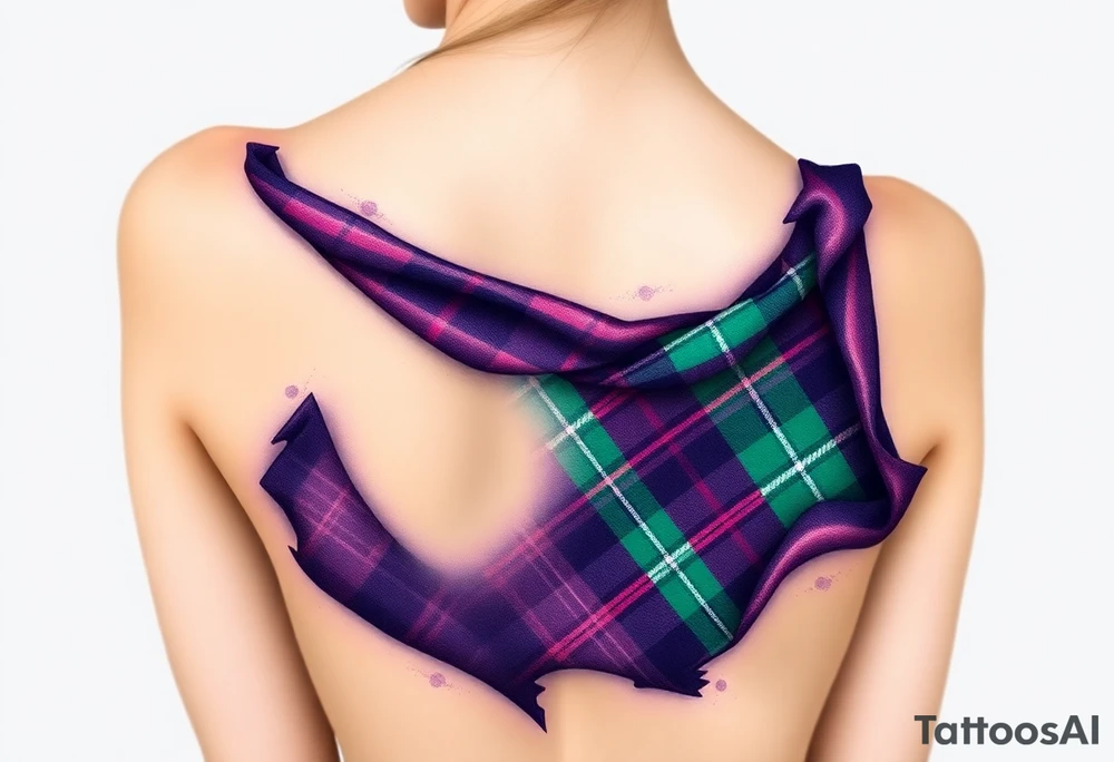 Around Breasts

Dark Purple with green pink blue and white highlights tartan fabric with skin around edges peeling and wrapping around side of shoulder tattoo idea