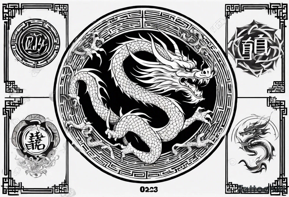 Chinese dragon in a circular shape with "02.03" written on its skin tattoo idea