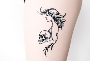 Woman in profile with hair blowing in a wind holding a skull.  Viking runes in the background tattoo idea