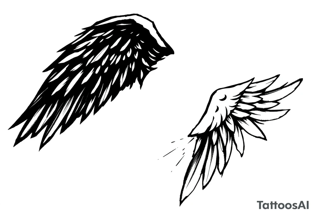 the wings go up

This tattoo design features a pair of asymmetrical angel wings drawn in black ink with a rough, sketch-like style. The left wing is darker, more defined, and appears denser, while the right wing is lighter, more delicate, and fragmented, creating a contrast between the two. The feathers are sharp and irregular, with fine lines and stray strokes extending outward, adding a raw and artistic feel. The overall look is dynamic and slightly chaotic, giving the impression of movement or an unfinished, ethereal form. This design symbolizes duality, freedom, transformation, or even struggle, making it a meaningful and visually striking tattoo. tattoo idea