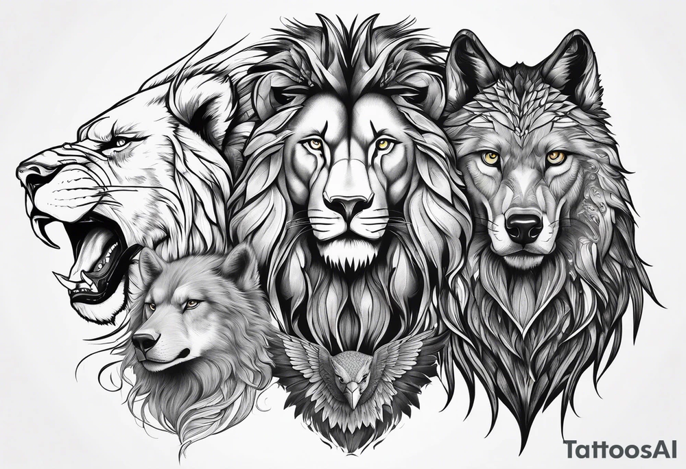 Faces of a Lion, and eagle, and a wolf tattoo idea