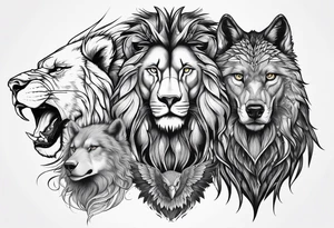 Faces of a Lion, and eagle, and a wolf tattoo idea