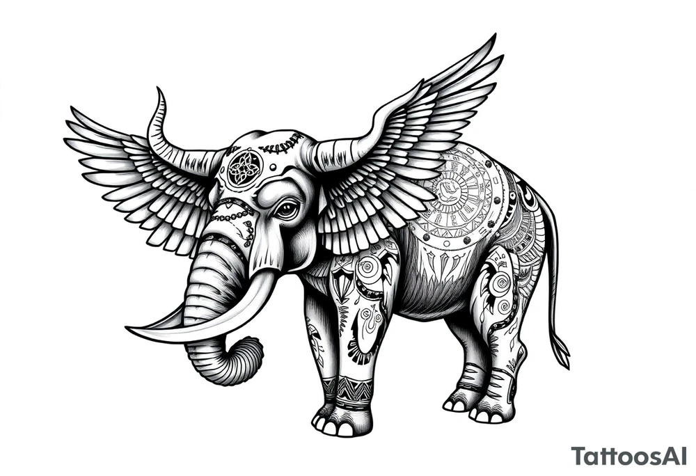 A horned African elephant with ears that resemble the wings of a falcon and covered in Egyptian symbolism tattoo idea