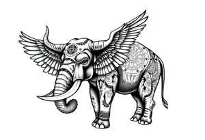 A horned African elephant with ears that resemble the wings of a falcon and covered in Egyptian symbolism tattoo idea