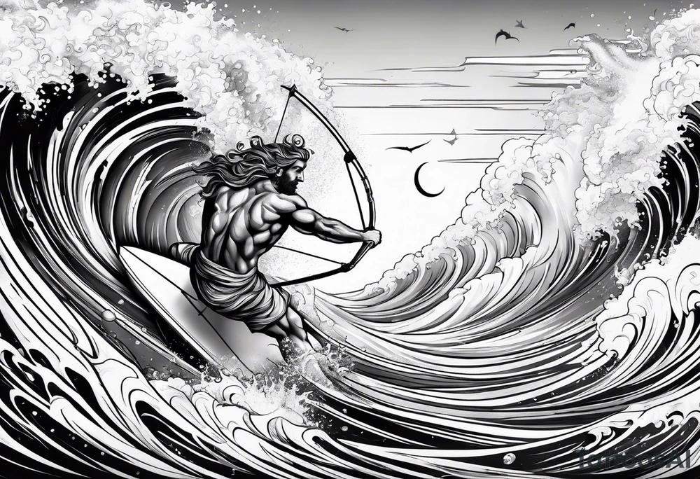 Poseidon im Vordergrund mit Windsurfer und Wellen im Hintergrund tattoo idea