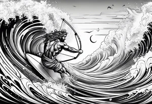 Poseidon im Vordergrund mit Windsurfer und Wellen im Hintergrund tattoo idea