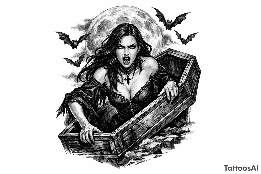 female vampire,bats,full moon,a coffin. tattoo idea