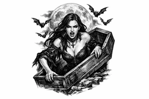 female vampire,bats,full moon,a coffin. tattoo idea